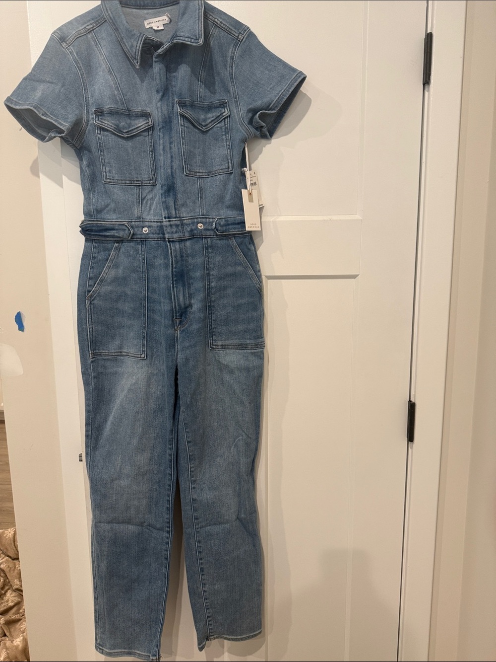 Good American Light Blue Denim Short Sleeve Utility Jumpsuit